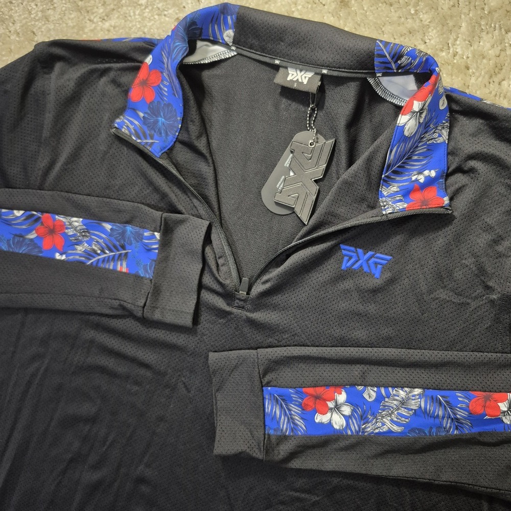 PXG Parsons Extreme Golf Pullover Top Mens Small Black Floral Aloha 1/4 Zip New